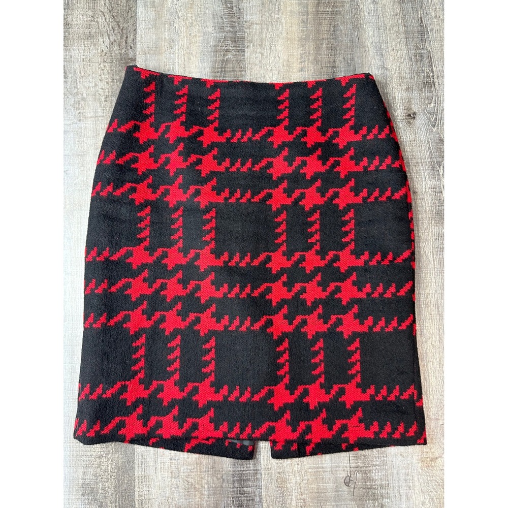 Talbots Petites Red Black Houndstooth Wool Blend Pencil Skirt 8P Preppy Casual